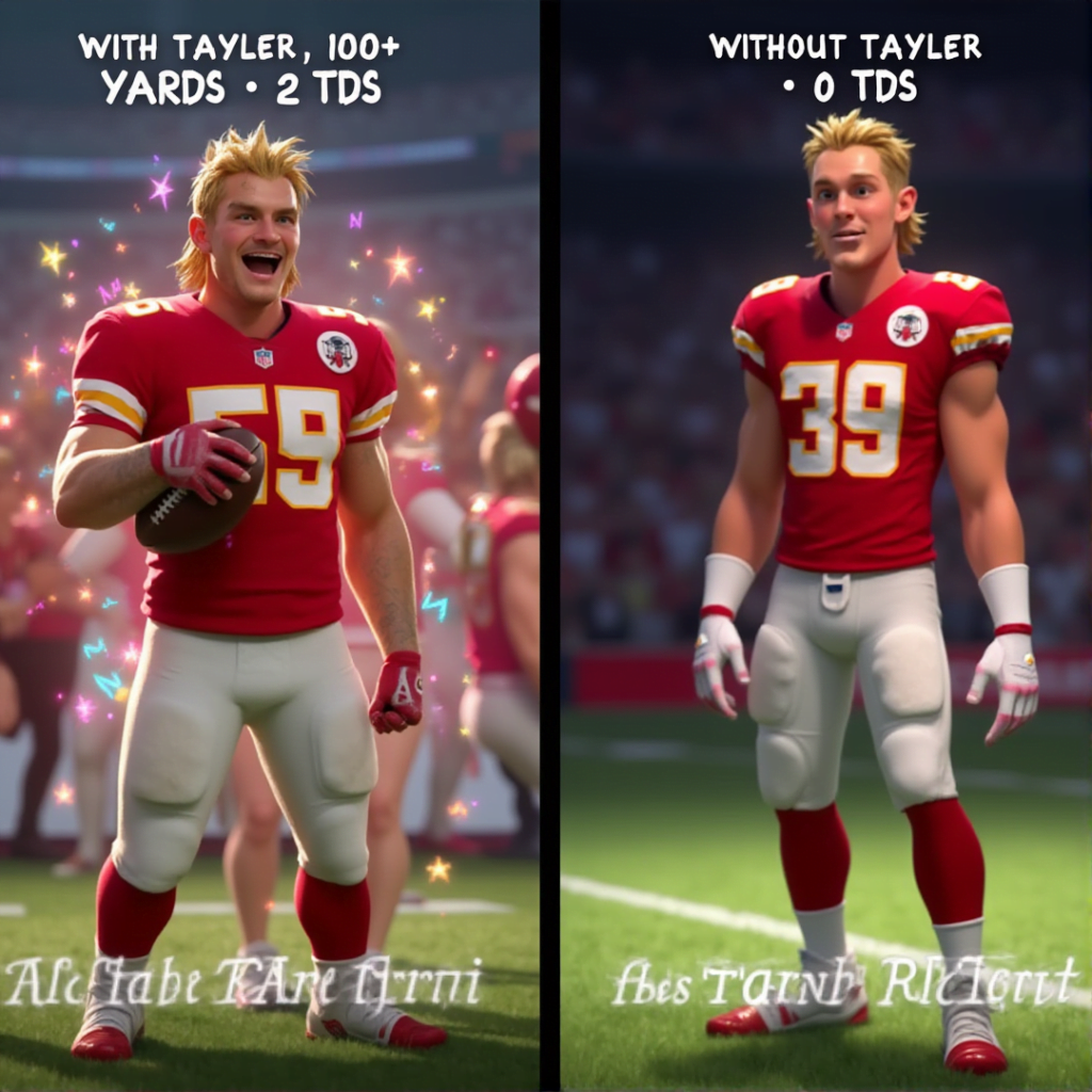 Side-by-side comparison of animated Travis Kelce in a Chiefs uniform. On the left, he is glowing and smiling with "With Taylor: 100+ Yards, 2 TDs." On the right, he looks disappointed with "Without Taylor: 39 Yards, 0 TDs."