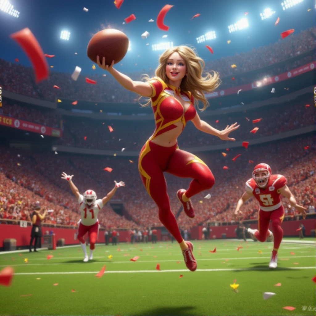 Animated Taylor Swift catching a football in a Chiefs game, leaping mid-air with confetti falling, as Travis Kelce and other players celebrate in the background.