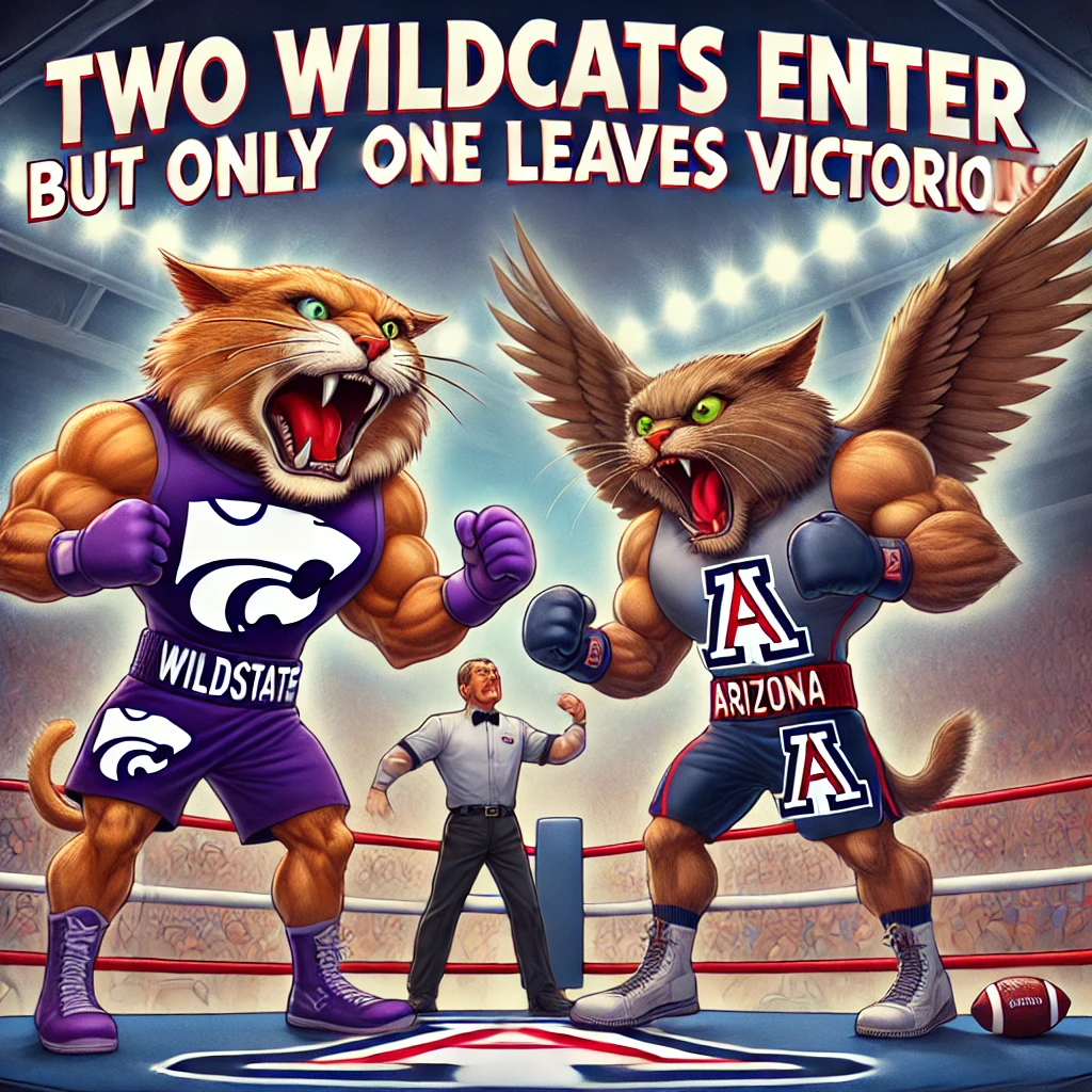 "Cartoon Wildcats face off in a boxing-style showdown, symbolizing the intense Kansas State vs. Arizona football game rivalry."