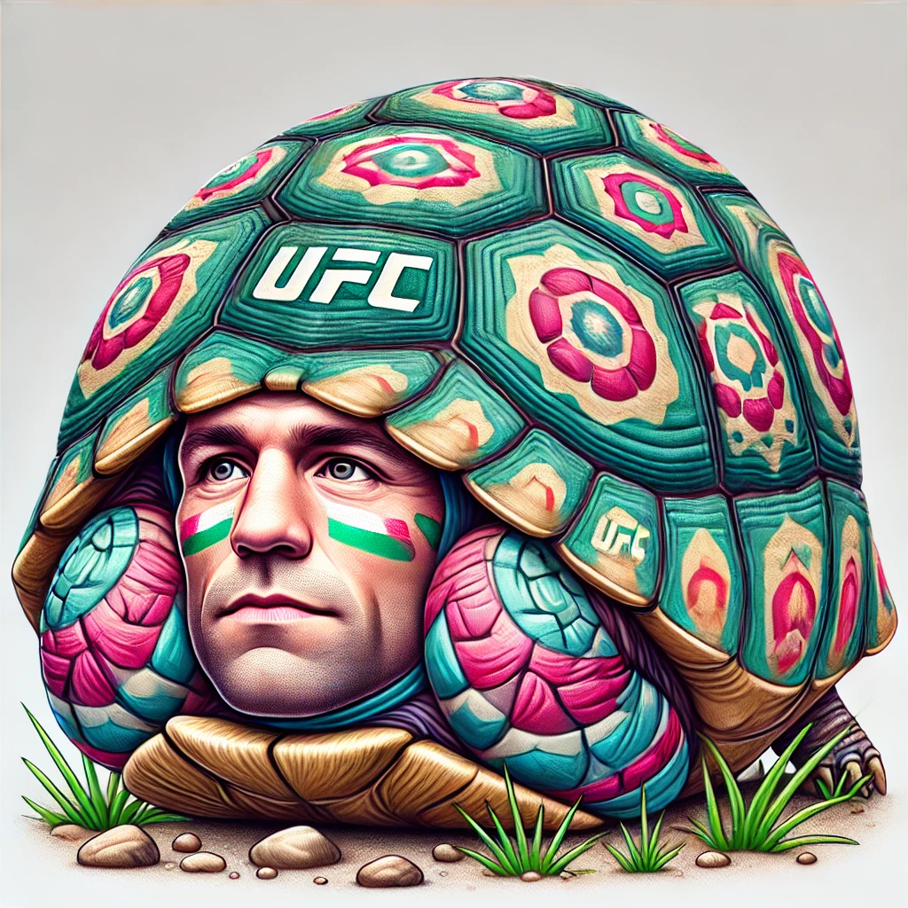 A caricature of a turtle resembling UFC fighter Sean O'Malley, with his head peeking out from a vibrant, UFC-branded shell, symbolizing defensive tactics.