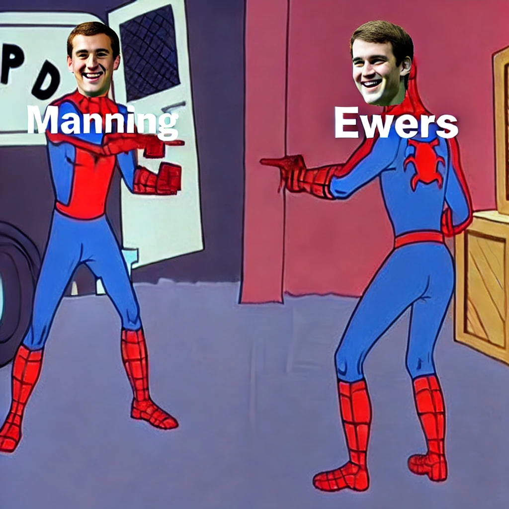 Two Spider-Men pointing at each other, labeled "Manning" and "Ewers," with the text "Future Heisman Winner" at the top and "Who's carrying for Eweek?" at the bottom, referencing the quarterback situation for Texas Longhorns football.