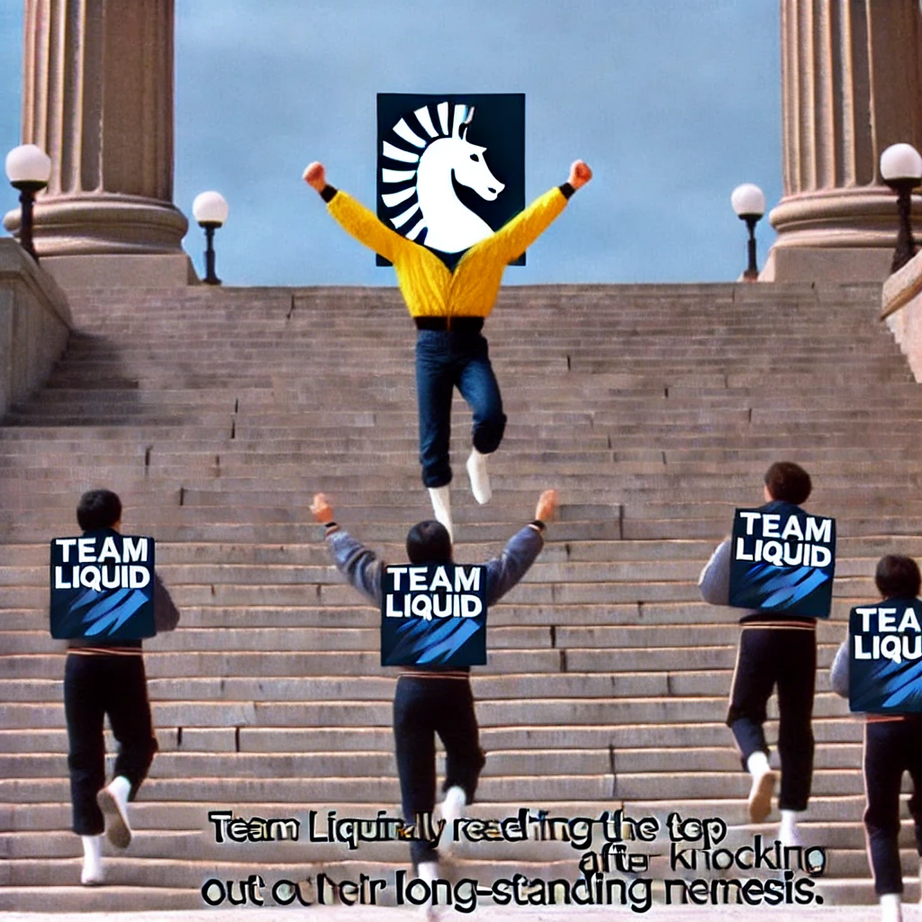  A meme showing Team Liquid's logo triumphantly jumping at the top of the stairs, referencing the iconic Rocky scene, symbolizing their victory after defeating long-standing nemesis, Gaiming Gladiators.