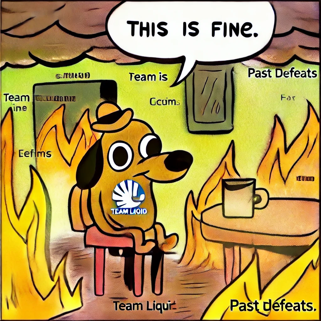 A meme inspired by the "This is Fine" comic, showing a dog labeled "Team Liquid" sitting calmly amidst flames labeled "Past Defeats," symbolizing Liquid’s calm demeanor despite past losses to Gaiming Gladiators.