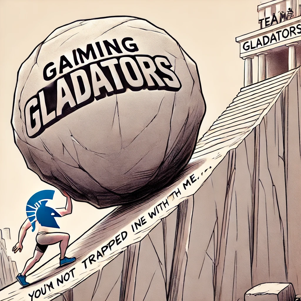 A cartoon depicting a boulder labeled "Gaiming Gladiators" being rolled uphill by a figure with the caption, "I'm not trapped with you, you're trapped with me," symbolizing Team Liquid’s dominance.