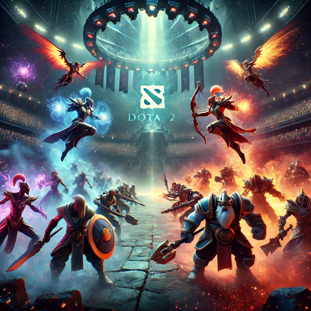  "Epic Dota 2 battle scene with Team Liquid vs. Gaiming Gladiators in a grand arena."