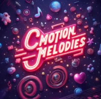 "Motion Melodies" neon sign glowing in a cosmic-themed background, surrounded by floating music notes and playful objects, symbolizing creativity and digital innovation.