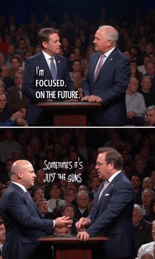 Split image showing two debate moments: one with a speaker saying "I'm focused on the future" and another saying "Sometimes it’s just the guns."