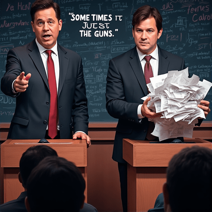 Debate-themed meme featuring two speakers, one holding papers and the other pointing with the phrase "Sometimes it’s just the guns."